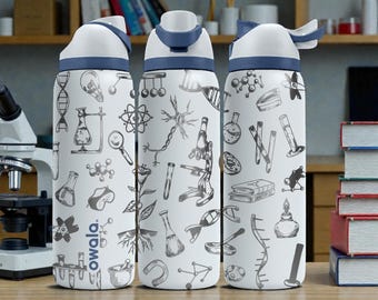 May include: Three white Owala water bottles with dark blue lids and a repeating black line art pattern featuring various scientific illustrations such as microscopes, DNA strands, beakers, test tubes, atoms, and books on a light background.