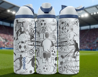 Soccer Action Engraved Owala Bottle – Player Silhouettes, Goal Net & Trophy Pattern – Sports Gift Stainless Cup 16oz 24oz 32oz 40oz  ⸻
