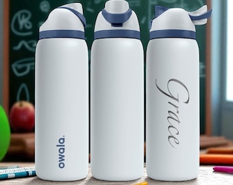 Garrafa de água Owala personalizada com nome – Gravada nos tamanhos 473ml, 710ml, 946ml e 1183ml – Presente personalizado para a volta às aulas para crianças e adolescentes