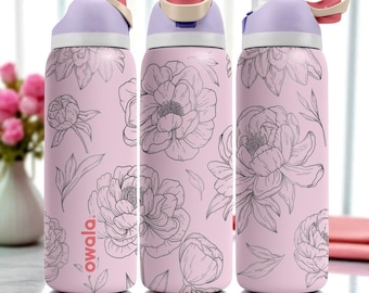 Pink Peony Engraved Owala Tumbler – 16oz 24oz 32oz 40oz Floral Water Bottle – Elegant Gift for Her or Garden Lovers