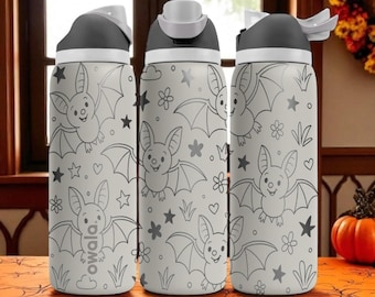 Engraved Bat Water Bottle – Cute Halloween Owala Tumbler with Stars and Flowers – 16oz 24oz 32oz 40oz Spooky Season Gift