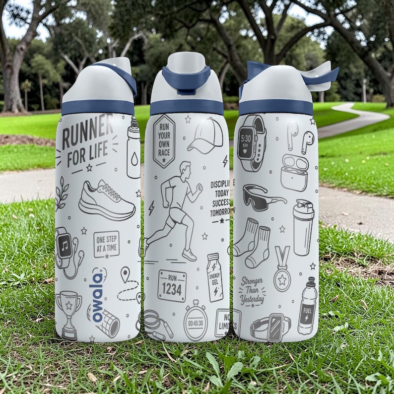 May include: Three white water bottles with blue accents and lids, decorated with running-themed illustrations and text. The bottles feature phrases like "Runner for Life" and "Run Your Own Race," along with images of running shoes, watches, and other fitness accessories.