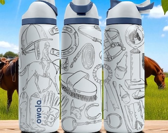 Engraved Horse Tumbler – Owala Water Bottle with Equestrian Design – Riding Gear Engraving – 16oz 24oz 32oz 40oz