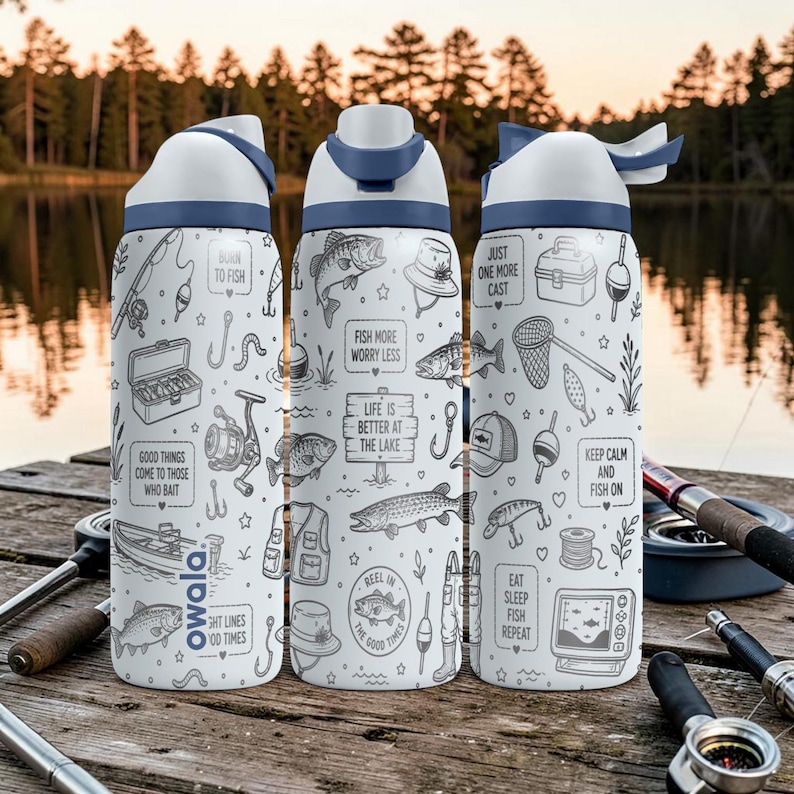 May include: Three white insulated water bottles with blue lids and fishing-themed illustrations. Each bottle features different fishing-related graphics and text, including "Born to Fish," "Fish More Worry Less," and "Keep Calm and Fish On."