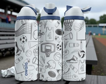 Multi-Sport Owala-Flasche mit Gravur - Basketball, Fußball, Volleyball und Football-Muster - Athletengeschenk-Edelstahlbecher 16 Unze 24 Unze 32 Unze 40 Unze ⸻