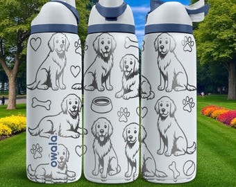 Bottiglia incisa con Golden Retriever – Simpatico bicchiere termico Owala con zampe e giocattoli – 473 ml, 711 ml, 954 ml, 1224 ml. Regalo ideale per gli amanti degli animali.