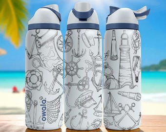 Nautical Owala Bottle – 16oz 24oz 32oz 40oz Engraved Maritime Water Bottle – Anchor and Sailor Theme – Ocean Lover Gift Cup