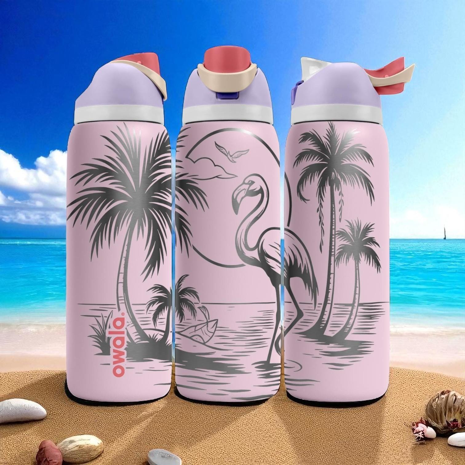 弁当箱・水筒 PALM ANGELS LOGO WATER BOTTLE 700ml Engraved Flamingo Beach Owala Bottle – Tropical Sunset Palm Tree