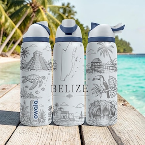 Owala FreeSip Belize Engraved Water Bottle 16oz 24oz 32oz 40oz Gift for Travelers Tropical Design