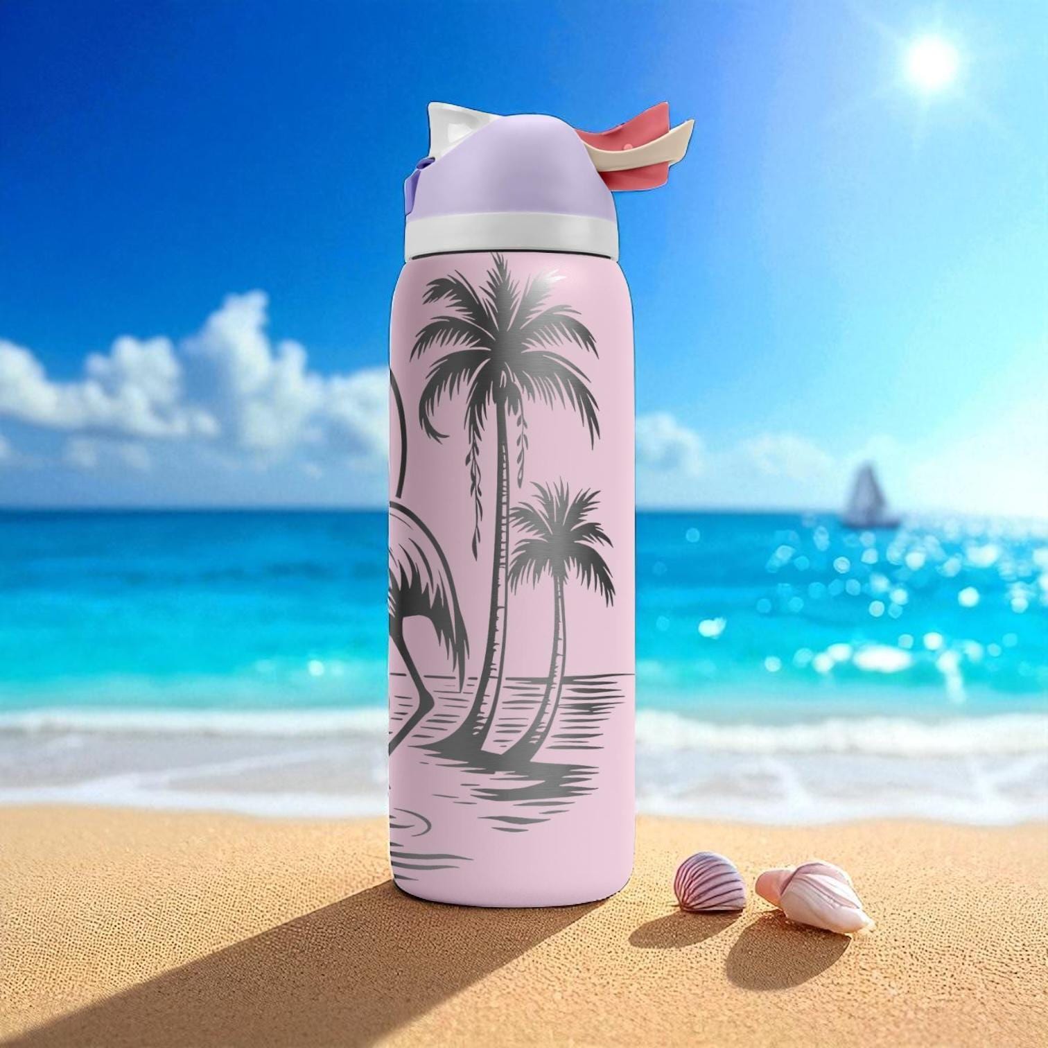 Engraved Flamingo Beach Owala Bottle – Tropical Sunset Palm Tree