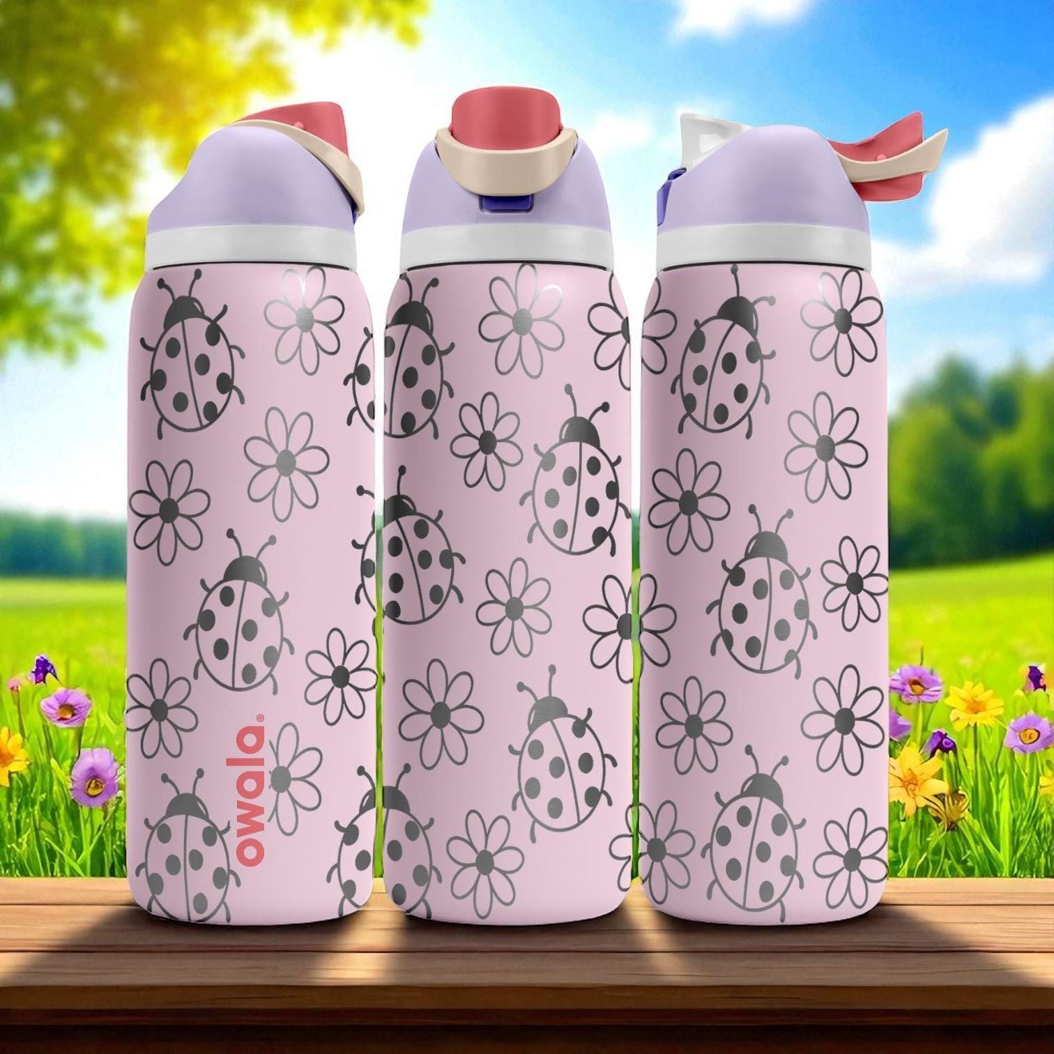 Heve ヘイヴ LADYBUG Engraved Ladybug Tumbler – Pink Owala Water Bottle With