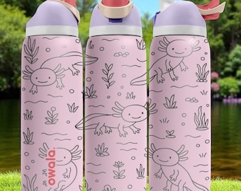 Gravierte Axolotl Owala Flasche - Niedlicher pinker Unterwasserbecher mit Pflanzen und Blasen - 16oz 24oz 32oz 40oz