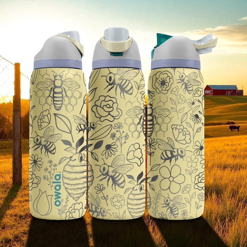 Bee and Flower Owala Bottle – Engraved Yellow Nature-Inspired Water Bottle – Honeycomb Floral Design 16oz 24oz 32oz 40oz