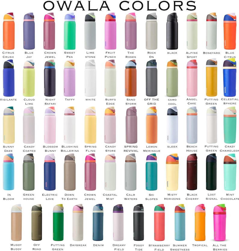 a grid of colorful water bottles with various designs and colors, including blue, green, pink, orange, and more.