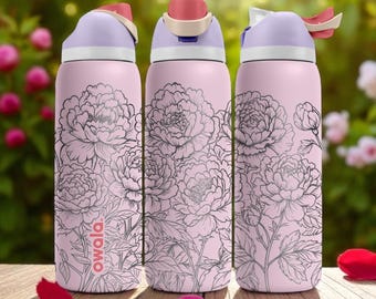 Vaso térmico Owala con grabado de flor de peonía – 16 oz, 24 oz, 32 oz, 40 oz – Taza floral rosa – Regalo elegante para ella – Botella estética de acero inoxidable