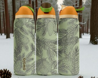 May include: Three Owala water bottles with a light green base and a dark grey pine needle and pinecone pattern. Each bottle features an orange and brown lid with a green accent. The word Owala is printed vertically in dark grey on the left bottle.