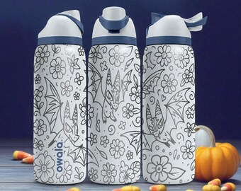 Botella Owala con grabado de murciélagos y flores – Diseño de Halloween espeluznante y adorable – Taza de acero inoxidable de 16 oz, 24 oz, 32 oz y 40 oz