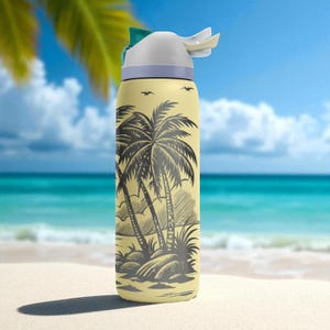 Tropical Island Engraved Owala Tumbler – Palm Trees Sunset Beach Scene – Summer Gift – 40oz 32oz 24oz Bottle image 8