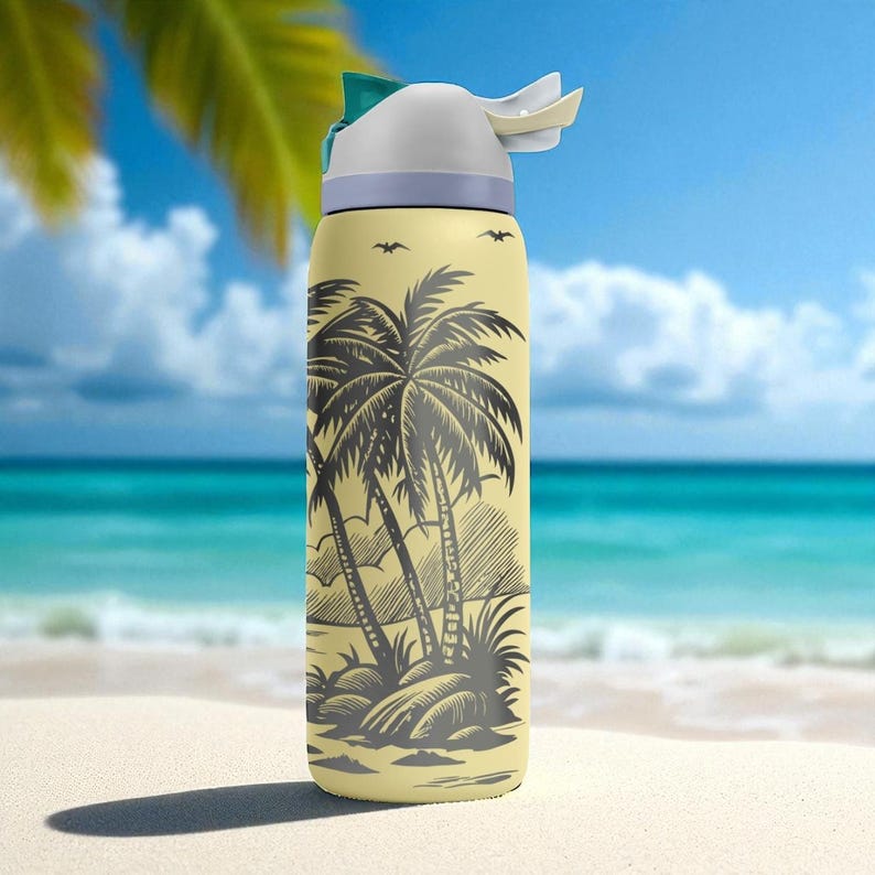 Tropical Island Engraved Owala Tumbler – Palm Trees Sunset Beach Scene – Summer Gift – 40oz 32oz 24oz Bottle image 8