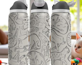 Engraved Owala Cat Tumbler – Funny Cat Drawing Cup – Gift for Cat Lover – Laser Engraved Owala Bottle – 40oz 32oz 24oz