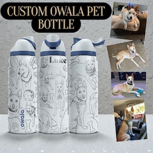 May include: White water bottle with a blue lid and a custom dog design. The bottle features a repeating pattern of dog illustrations, paw prints, and bones. The text "Luke" is printed on the bottle. The text "CUSTOM OWALA PET BOTTLE" is at the top.