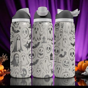 Engraved Halloween Tumbler – Owala Bottle with Ghosts, Bats and Skulls – Spooky Fall Water Bottle – 16oz 24oz 32oz 40oz