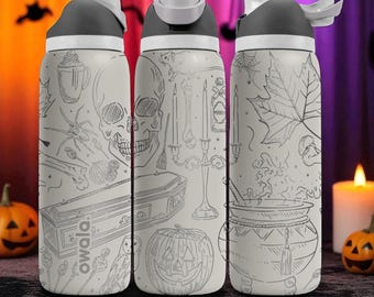 Engraved Halloween Tumbler – Owala Bottle with Spooky Skull and Pumpkin Design – Laser Engraved – 40oz 32oz 24oz 16oz