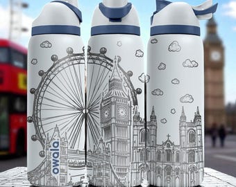 Engraved London Tumbler – Owala Water Bottle with Big Ben and Eye Design – British Landmark Cup – 16oz 24oz 32oz 40oz