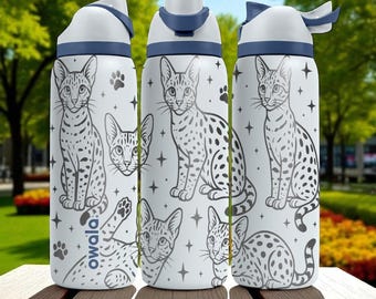 Engraved Spotted Cat Owala Bottle – 16oz 24oz 32oz 40oz – Exotic Kitty Gift, Laser Engraved Water Tumbler