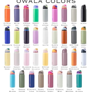 a grid of 24 different colored water bottles, each with a unique color and label.