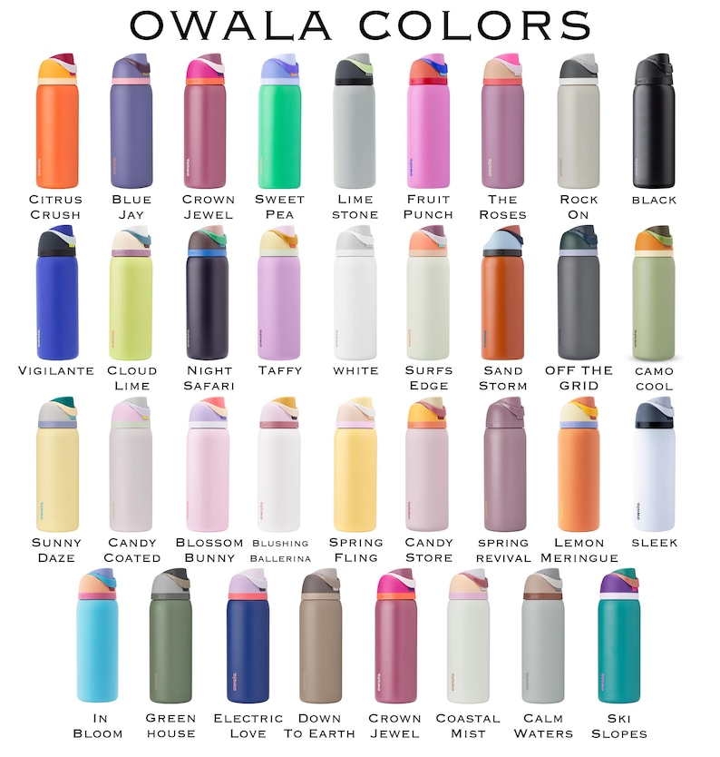 a grid of 24 different colored water bottles, each with a unique color and label.