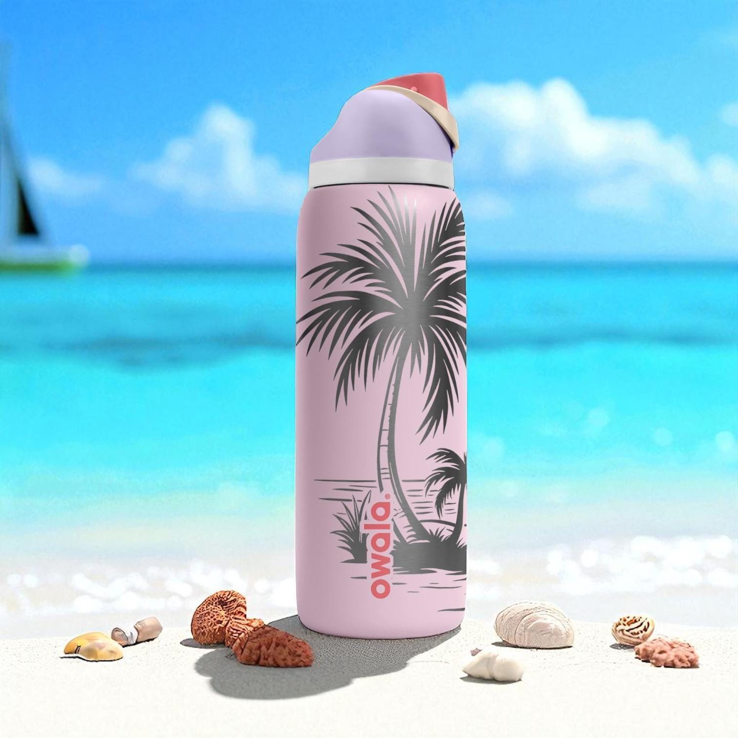 Engraved Flamingo Beach Owala Bottle – Tropical Sunset Palm Tree