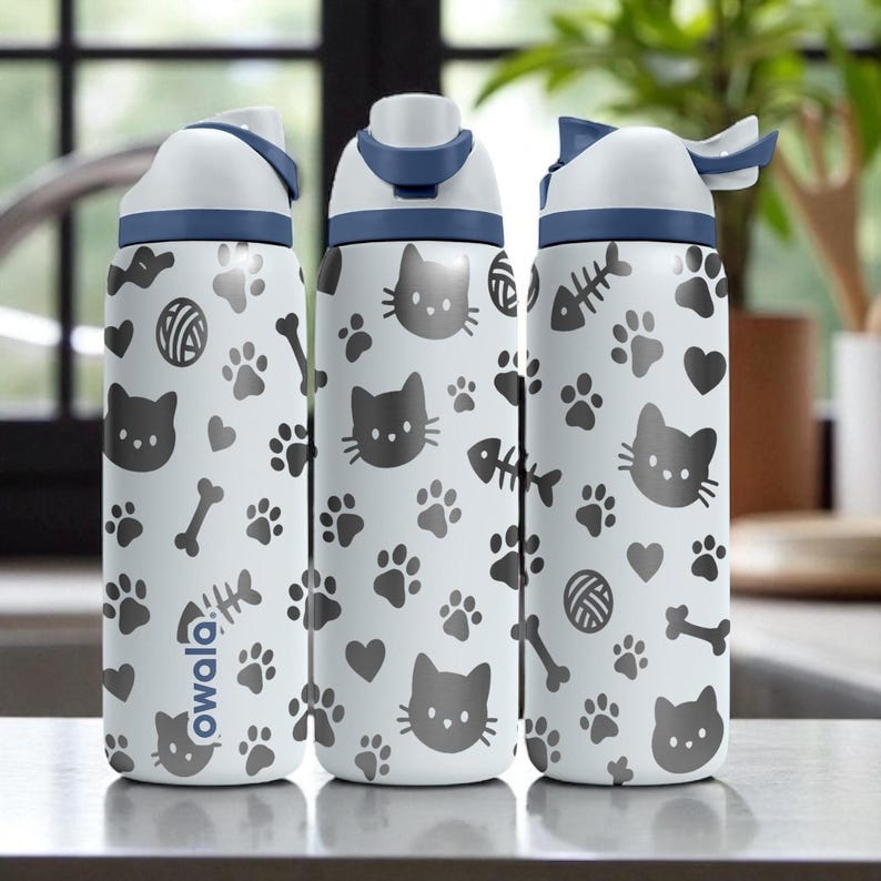 Cat Lover Owala Bottle – Engraved Cute Kitty and Paw Print Water Bottle – Gift for Pet Owners and Cat Moms 16oz 24oz 32oz 40oz