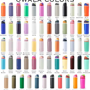 a grid of colorful water bottles with various designs and colors, including blue, green, pink, orange, and more.
