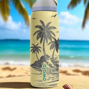 Tropical Island Engraved Owala Tumbler – Palm Trees Sunset Beach Scene – Summer Gift – 40oz 32oz 24oz Bottle image 9