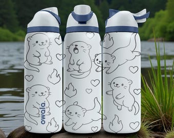 Engraved Cute Otters Owala Bottle – Playful Kawaii Otter Design with Hearts – Stainless Steel Cup 16oz 24oz 32oz 40oz  ⸻