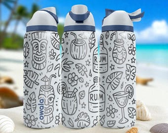 Tropical Tiki Engraved Owala Bottle – Beach Vibes and Palm Design – Stainless Steel Cup 16oz 24oz 32oz 40oz