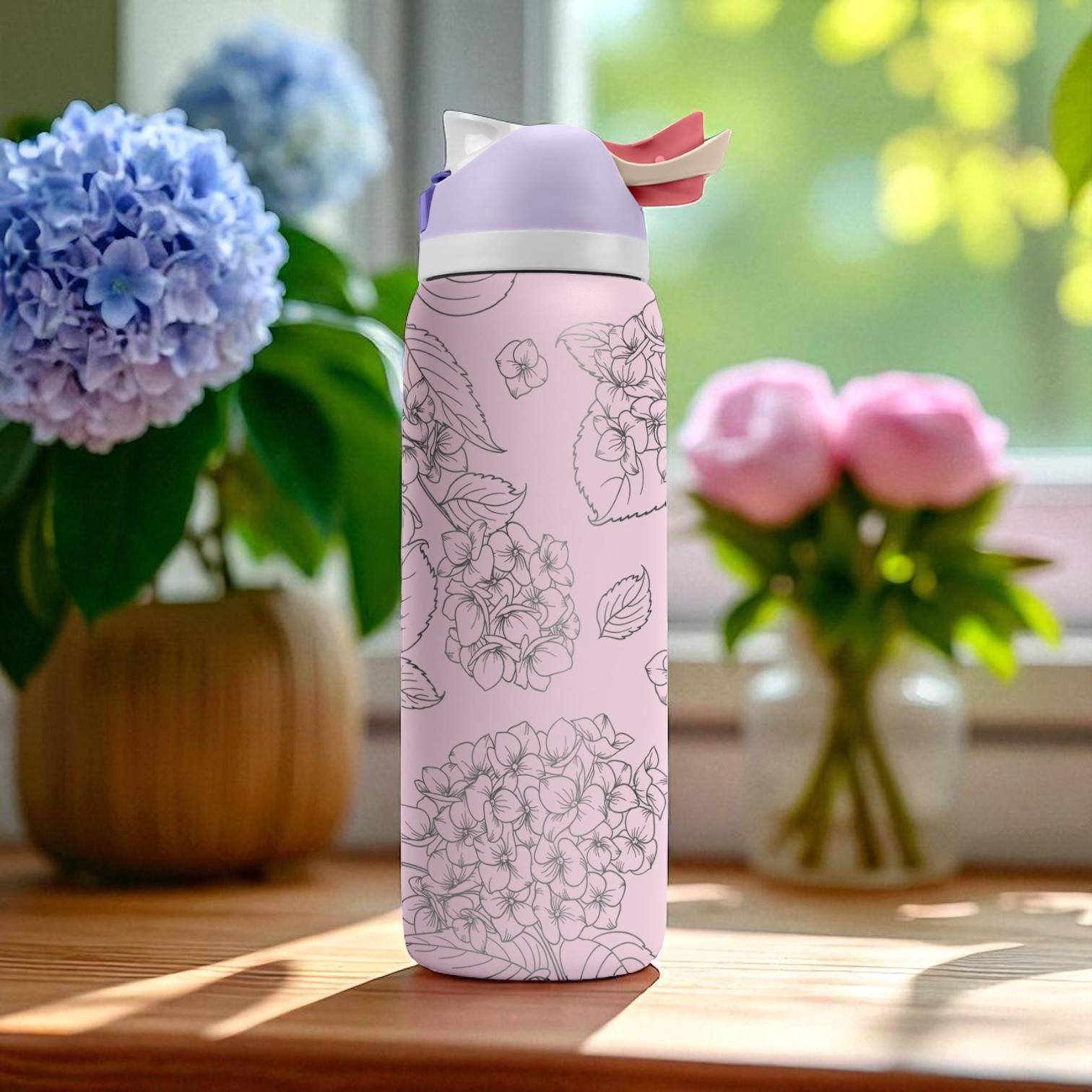 Engraved Hydrangea Tumbler – Pink Floral Owala Bottle – Laser