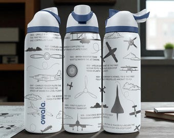 Owala-fles met gravure over de luchtvaartgeschiedenis – Ontwerp met tijdlijn van vliegtuigen – Cadeau voor piloten - Roestvrijstalen beker 16oz 24oz 32oz 40oz ⸻