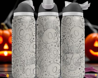 Engraved Skull Floral Tumbler – Owala Water Bottle with Halloween Style Design – 16oz 24oz 32oz 40oz
