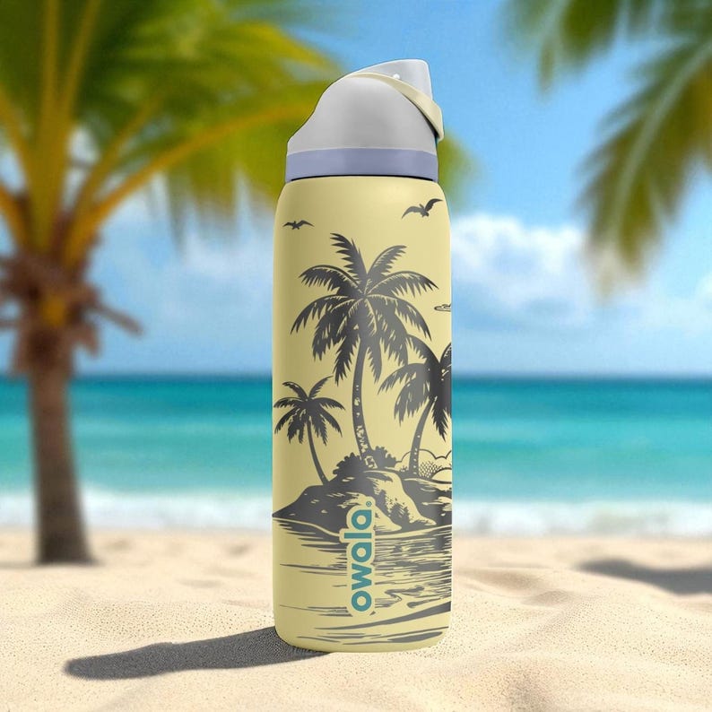Tropical Island Engraved Owala Tumbler – Palm Trees Sunset Beach Scene – Summer Gift – 40oz 32oz 24oz Bottle image 6