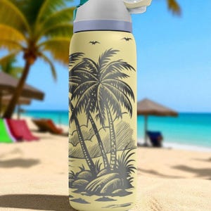 Tropical Island Engraved Owala Tumbler – Palm Trees Sunset Beach Scene – Summer Gift – 40oz 32oz 24oz Bottle image 10