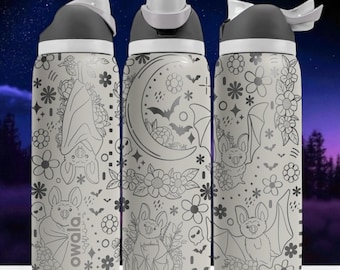 Fles gegraveerde vleermuis Owala – schattige beker met vleermuisontwerp met maan en bloemen – 16 oz 24 oz 32 oz 40 oz waterfles cadeau