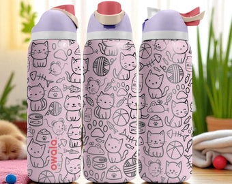 Graverad kattmugg – Söt rosa Owala-flaska med kawaii kattdesign – Lasergraverad mugg för kattälskare – 47 cl 61 cl 81 cl