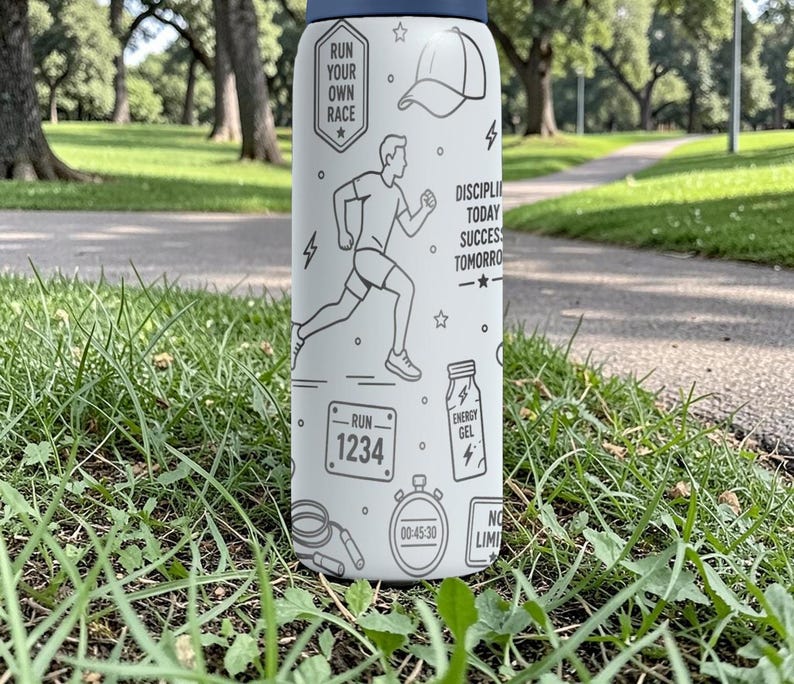 May include: A white water bottle with a navy blue lid, featuring a running theme. The bottle has illustrations of a runner, a hat, and text that reads "Run Your Own Race" and "Discipline Today Success Tomorrow."