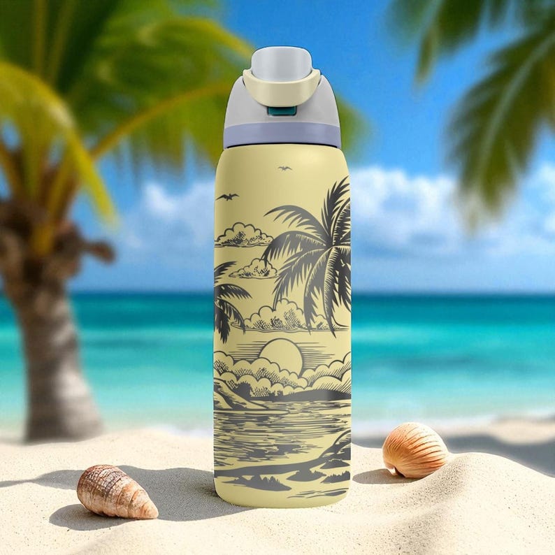 Tropical Island Engraved Owala Tumbler – Palm Trees Sunset Beach Scene – Summer Gift – 40oz 32oz 24oz Bottle image 7