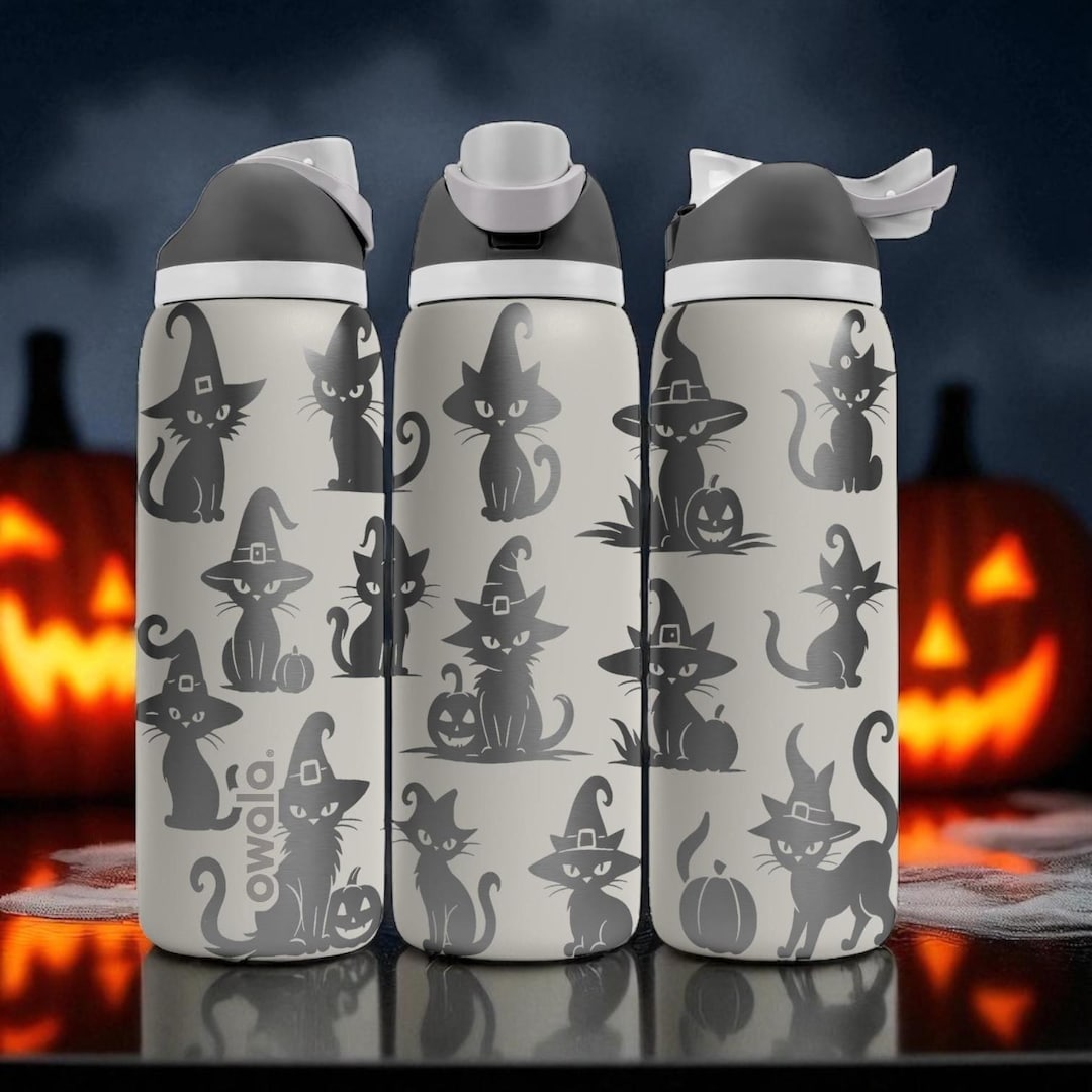 Halloween Cat Owala Bottle – Laser Engraved Black Witch Cat Water ...