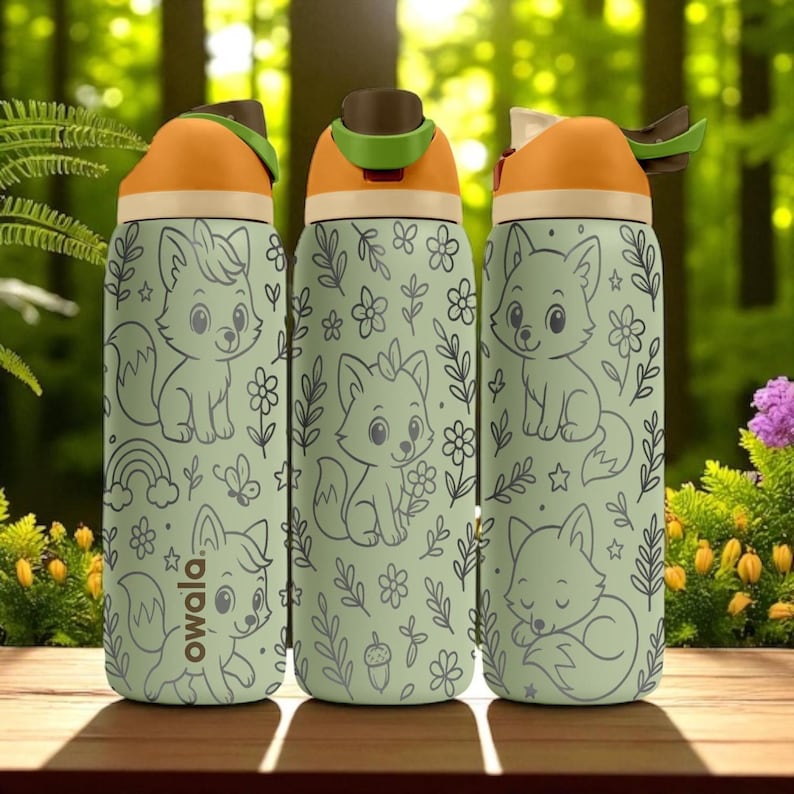 Fox Forest Owala Bottle – 16oz 24oz 32oz 40oz Engraved Cute Animal Cup – Woodland Themed Gift – Kids Wildlife Adventure Drinkware image 1