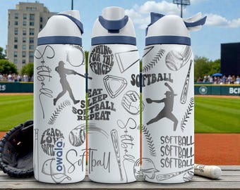 Softball Owala-Flasche mit Gravur - Sportschläger-, Ball- und Spielermuster - Athletengeschenk-Edelstahlbecher 16 Unze 24 Unze 32 Unze 40 Unze ⸻