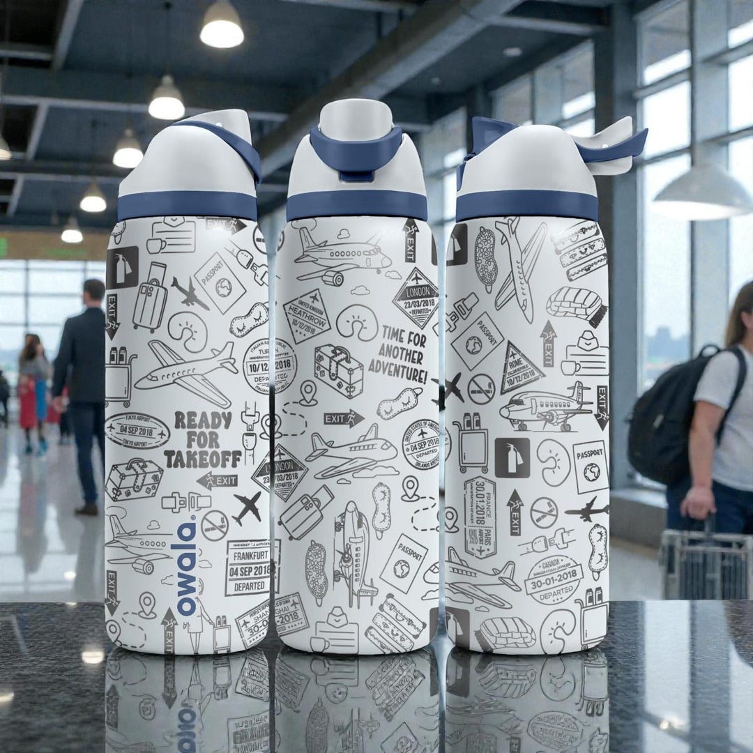 Travel Engraved Owala Bottle – Airplane & Adventure Pattern